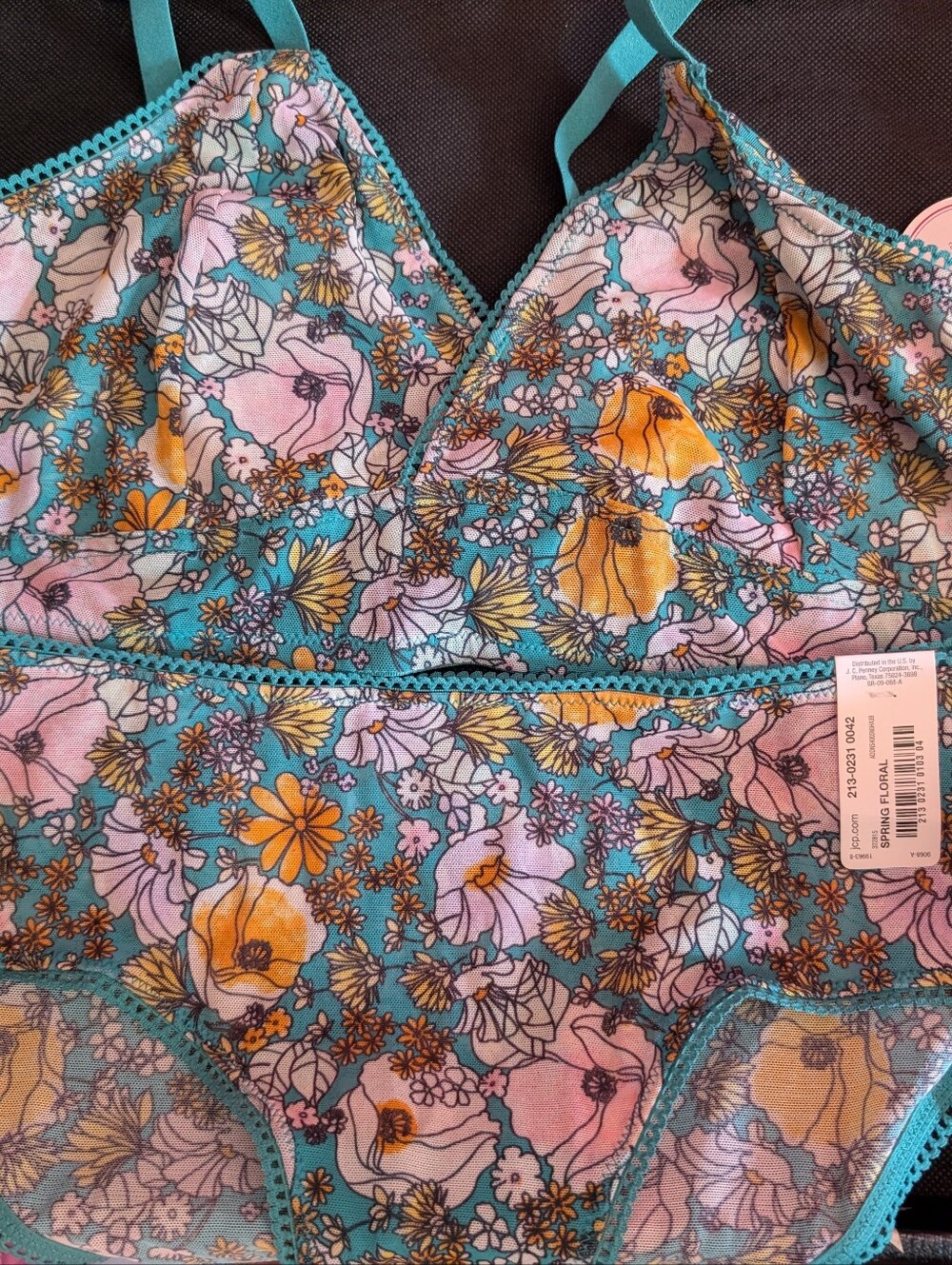 flirtitude Teal Floral Mesh Lace Bralette and Panty Set